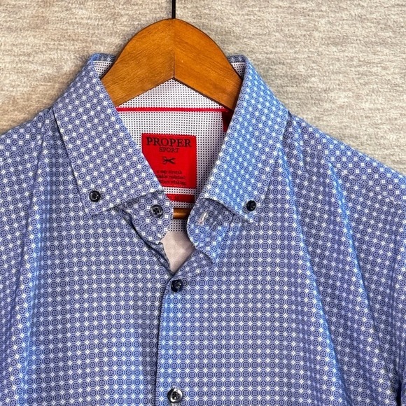 Proper Sport Shirt Dress Men Large Slim Fit Aqua Blue White Wicking Geometric - Picture 2 of 5
